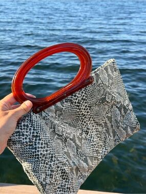 VINTAGE Snake Print Clutch with Amber Oval Handle